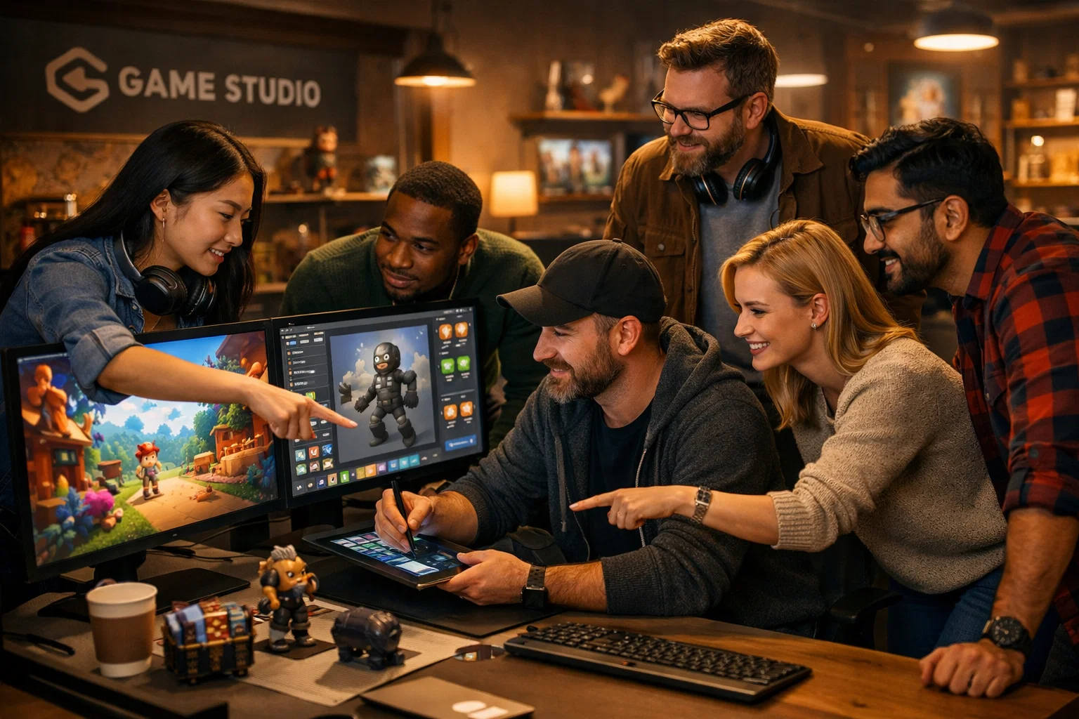 Studio team working on mobile game development